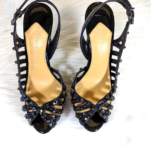 Studded Gianni Bini Slingback Black Patent Leather Stiletto Heels - Picture 2 of 8